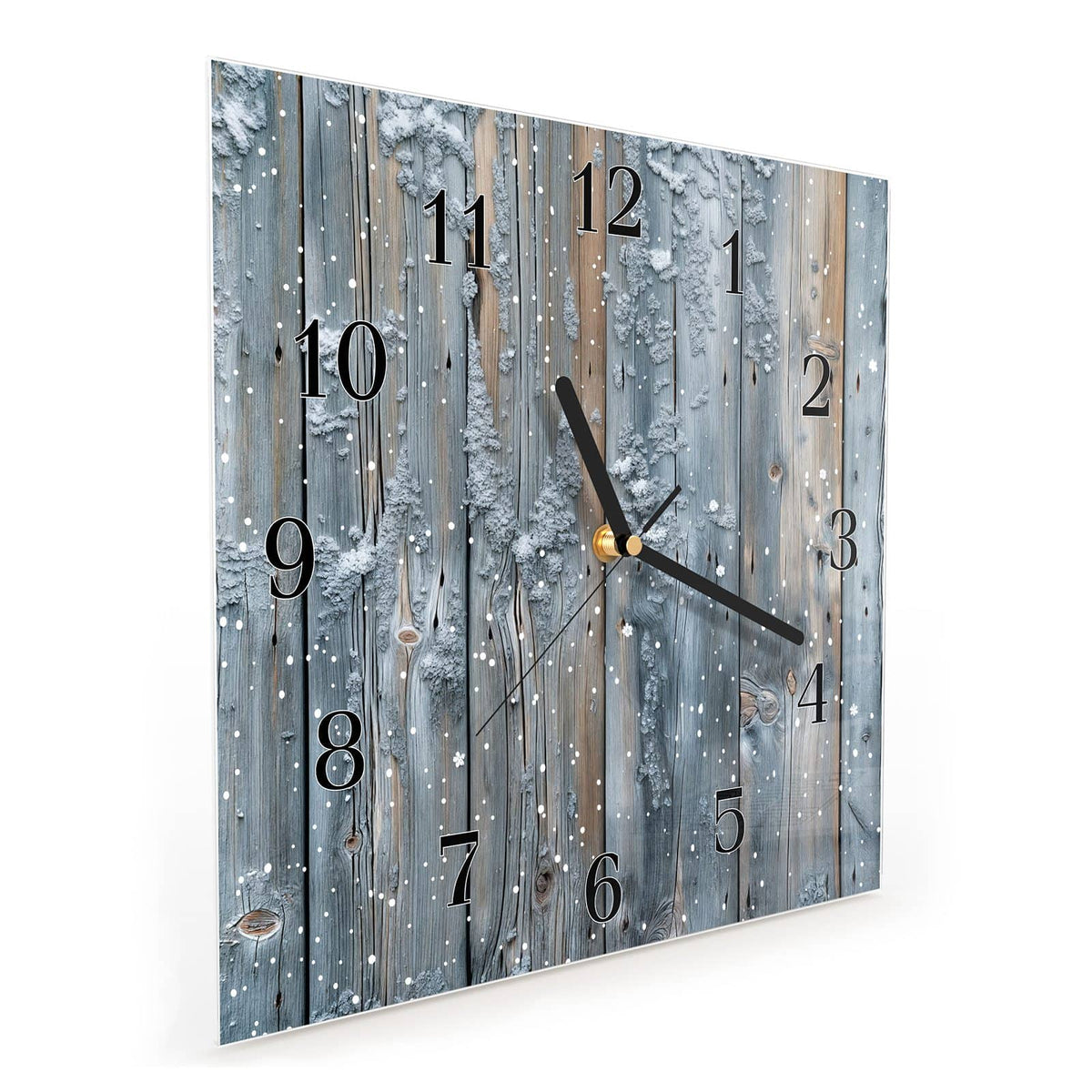 Quadratische Wanduhr aus Glas Winterliche Holzlatten schräg von der Seite, 4 mm starkes Glas