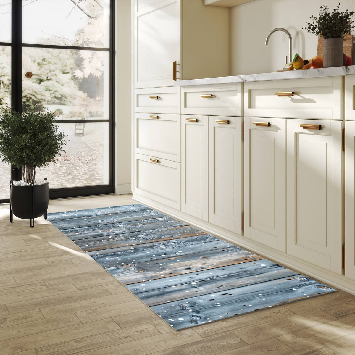 Farbbeständiger rutschfester Küchenteppich mit Motiv Winter Holzpaneele in heller Küche