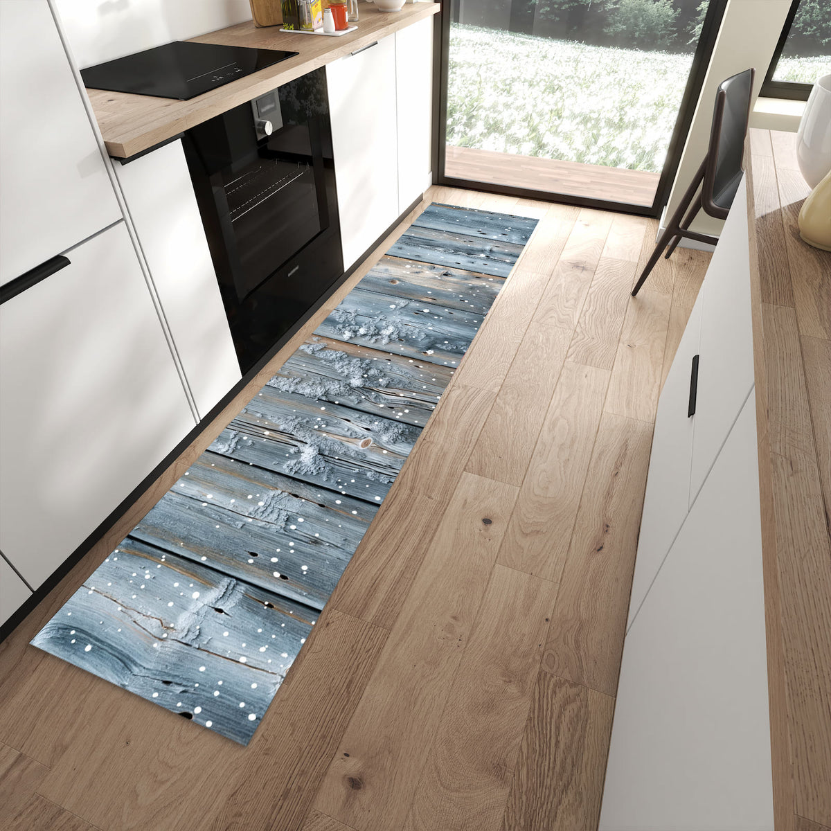 Schmutzabweisender Küchenteppich mit Motiv Winter Holzpaneele in moderner Küche