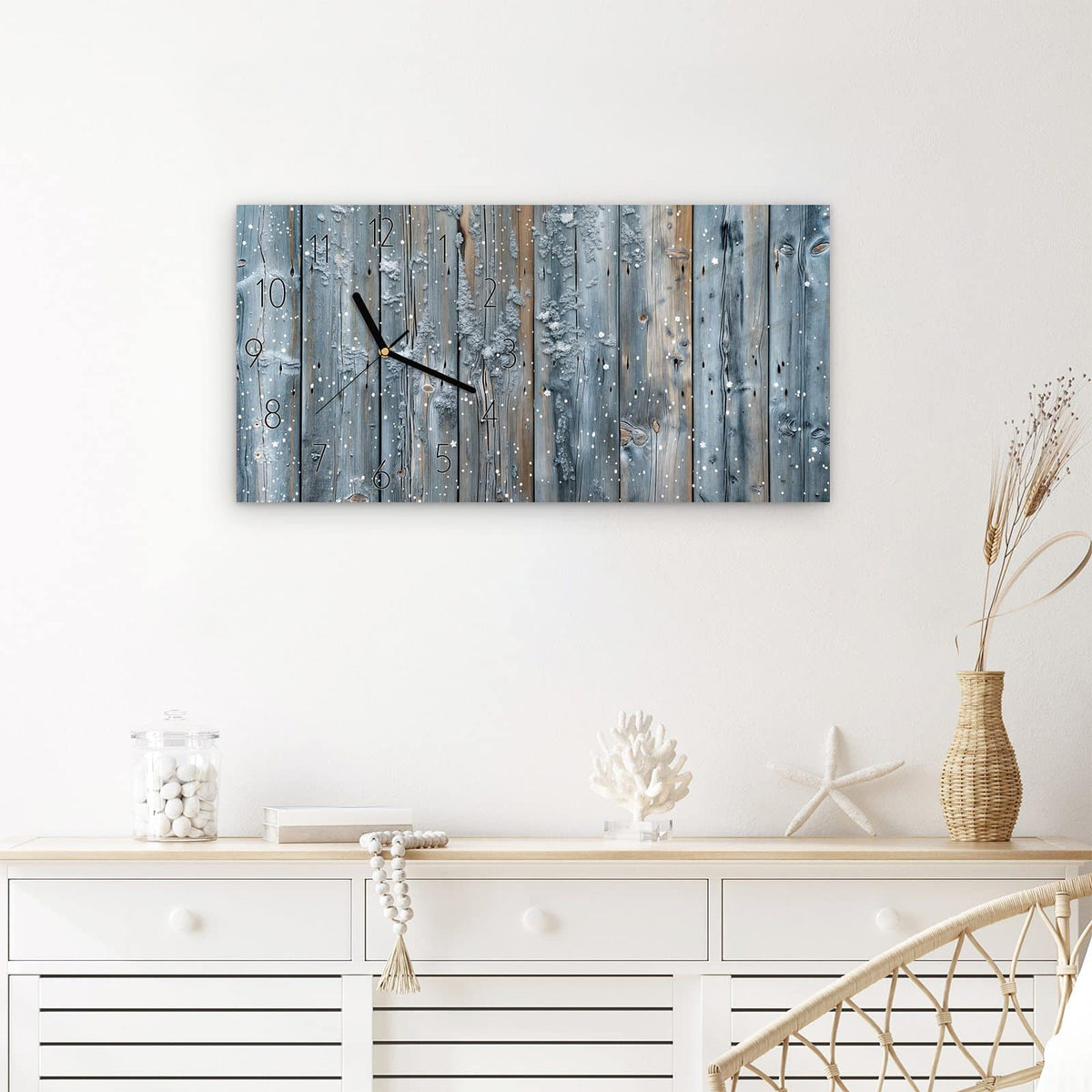Wanduhr Winter Holzpaneele aus Glas – Querformat 60 × 30 cm – Holzlatten mit weißen Tupfen