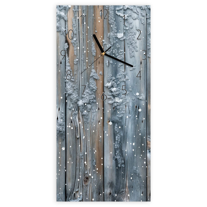 Wanduhr Winter Holzpaneele aus Glas – Hochformat 30 × 60 cm mit Ziffernblatt Elegant