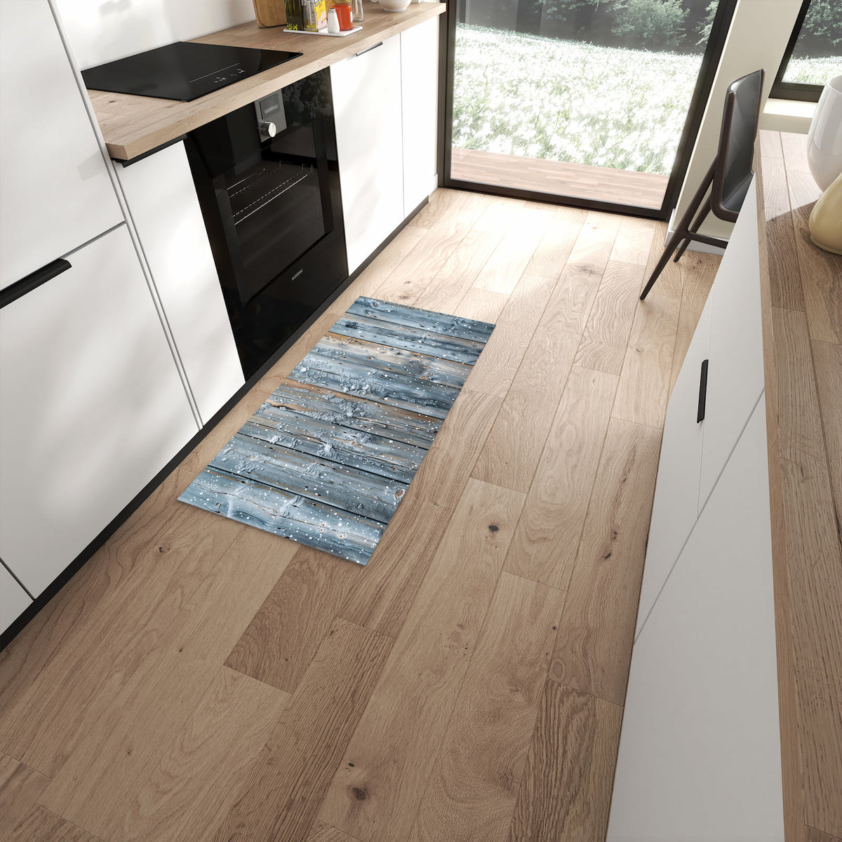 UV-beständiger Bodenläufer mit Motiv Winter Holzpaneele in moderner Küche #grösse_60 x 120 cm