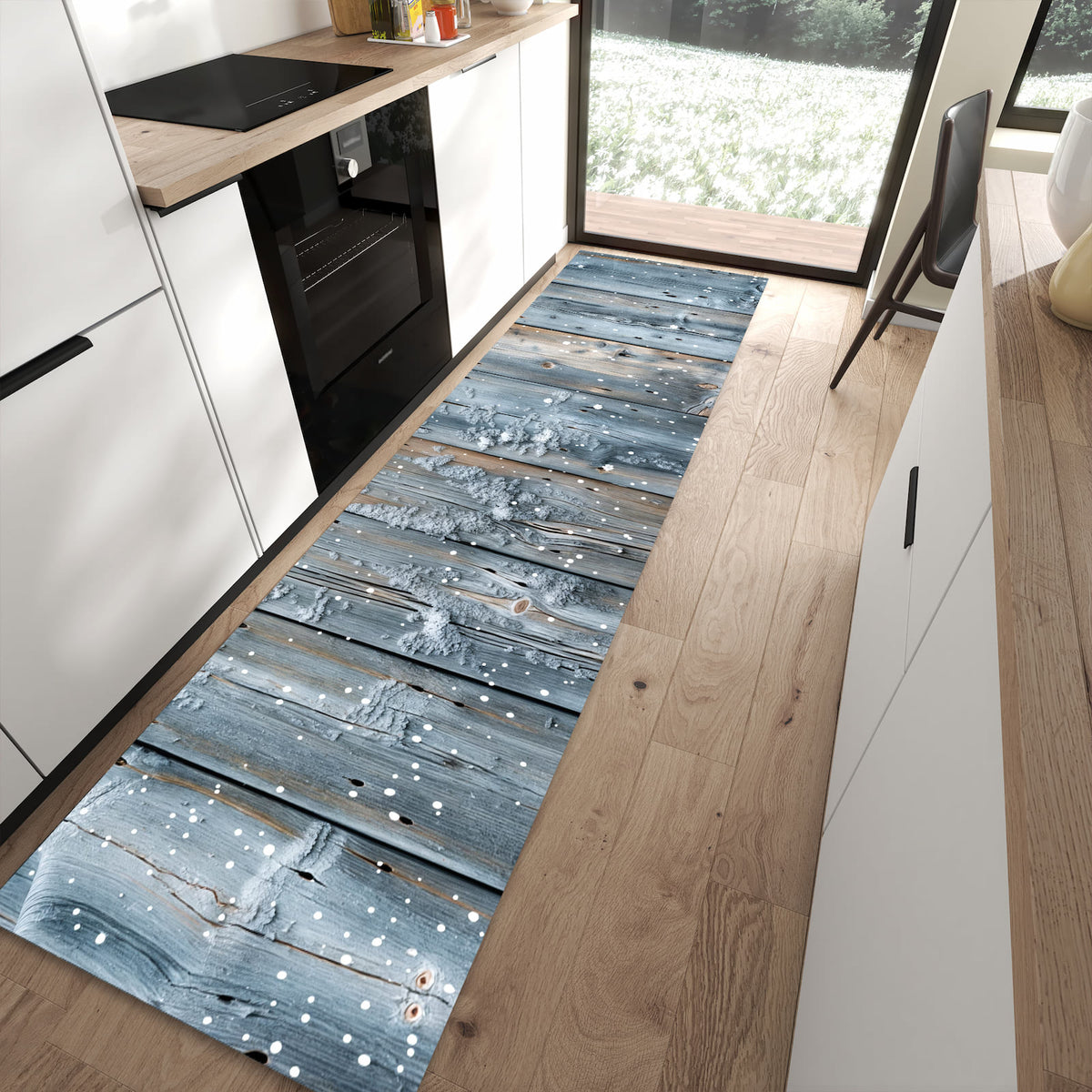 Rutschfester Küchenteppich mit Motiv Winter Holzpaneele in moderner Küche