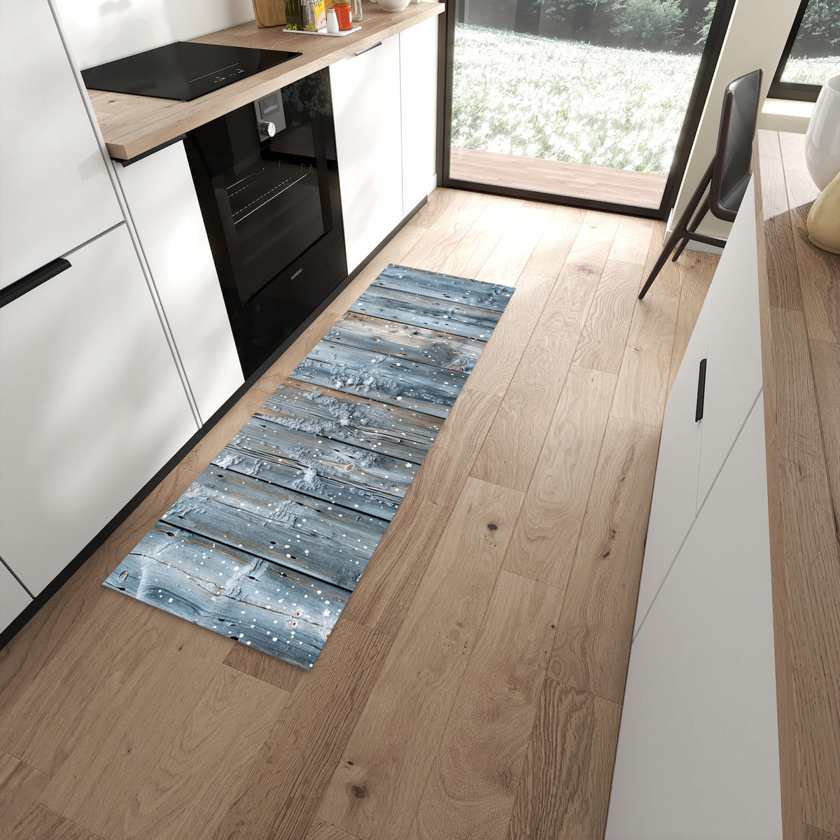 Wasserabweisender Küchenteppich mit Motiv Winter Holzpaneele in moderner Küche