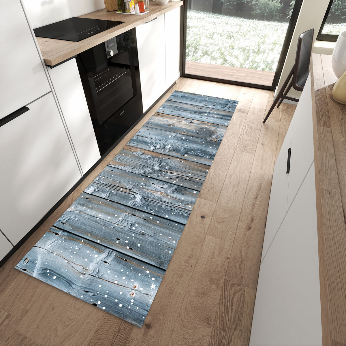 Pflegeleichter waschbarer Küchenteppich mit Motiv Winter Holzpaneele in moderner Küche