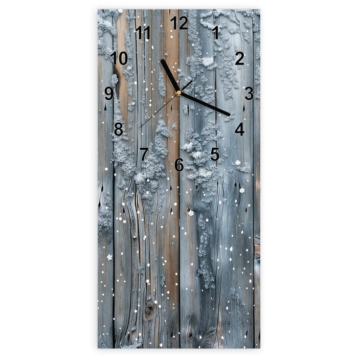 Wanduhr Winter Holzpaneele aus Glas – Hochformat 30 × 60 cm mit Ziffernblatt Modern