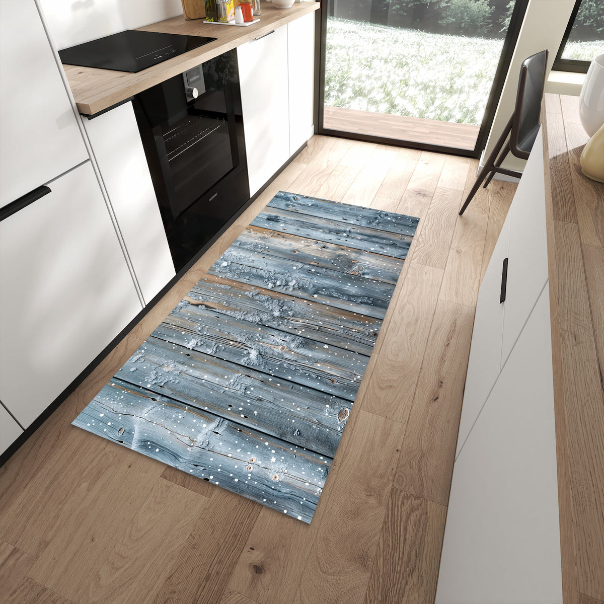 Waschbarer Küchenteppich mit Motiv Winter Holzpaneele in moderner Küche