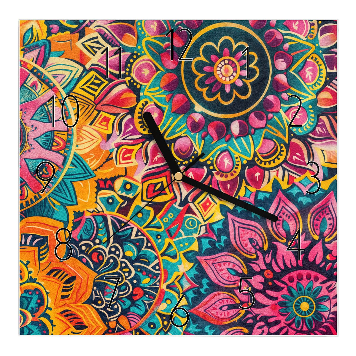 Wanduhr aus Glas, Ziffernblatt Elegant mit Motiv Bunte Mandalas: Dicht ineinandergeschobene Mandalas in Pink, Orange und Türkis #ziffernblatt_Elegant