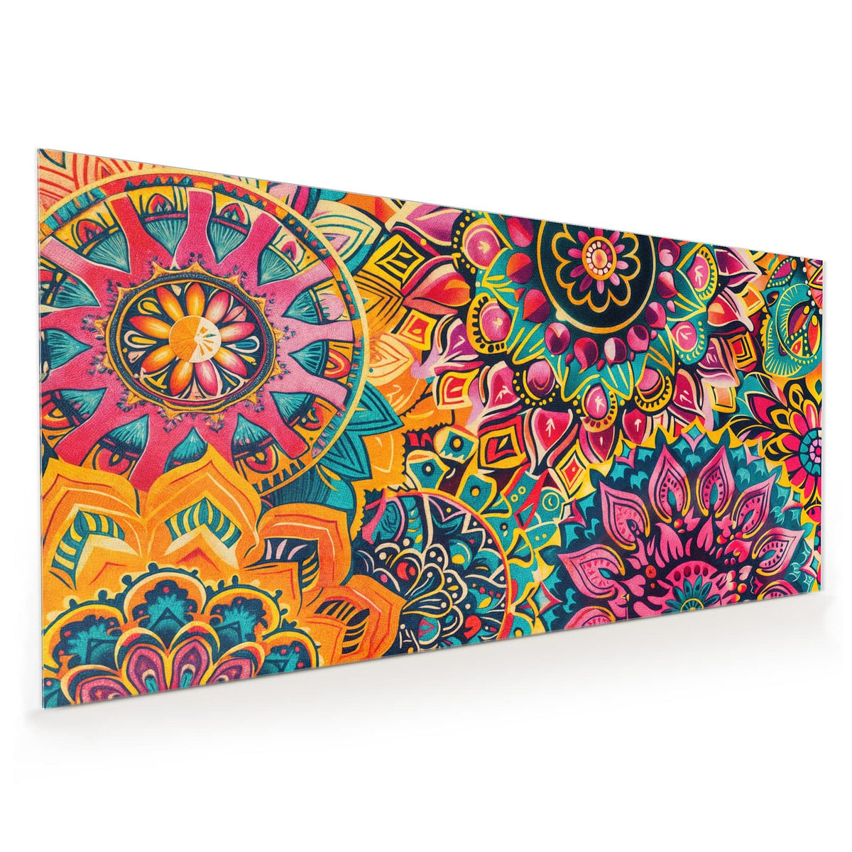 Küchenrückwand aus Glas im Hochformat mit Motiv Bunte Mandalas: Dicht ineinandergeschobene Mandalas in Pink, Orange und Türkis