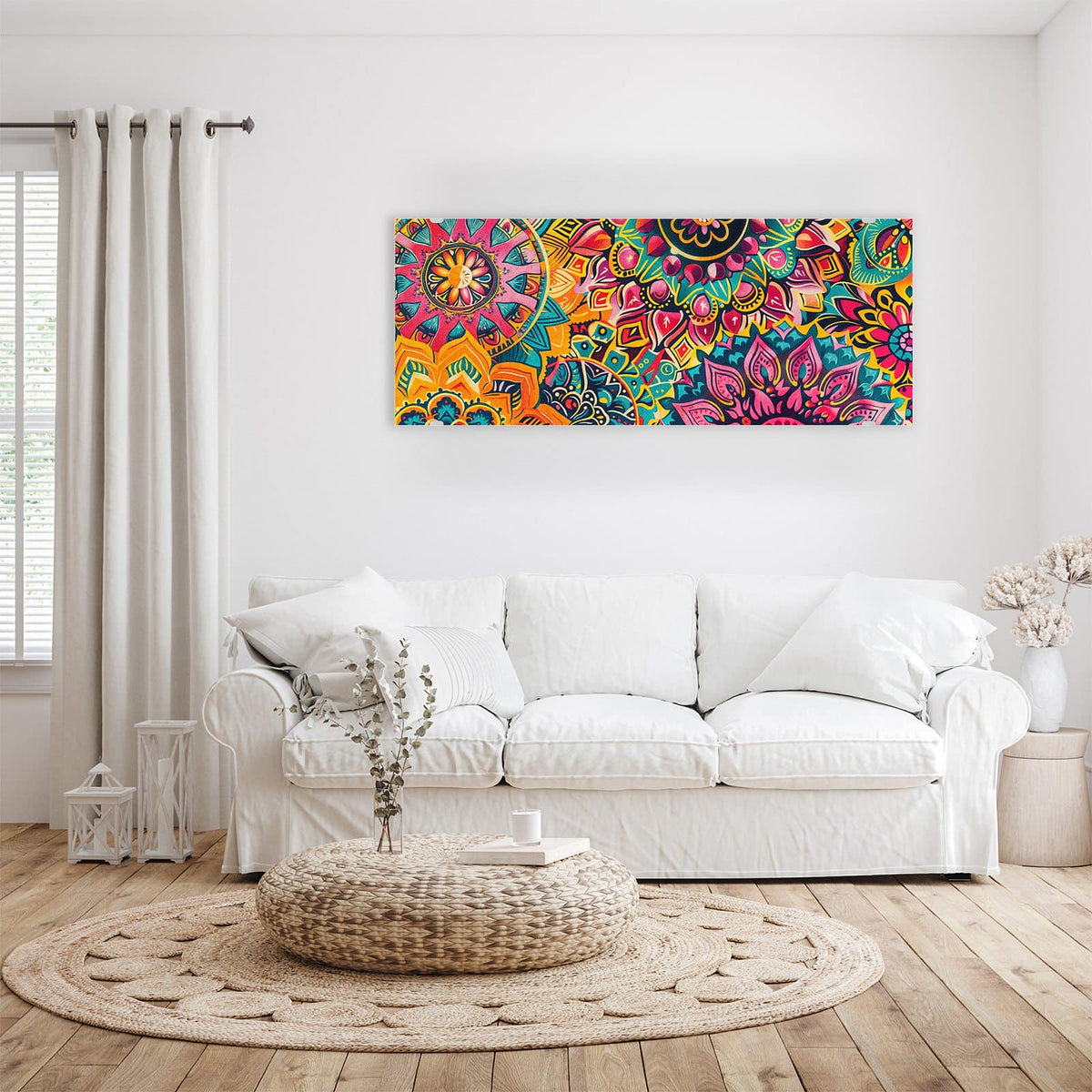 Wandbild aus Glas Bunte Mandalas über einem weißen Sofa im hellen Wohnzimmer #grösse_100 x 40 cm #grösse_125 x 50 cm #grösse_150 x 60 cm