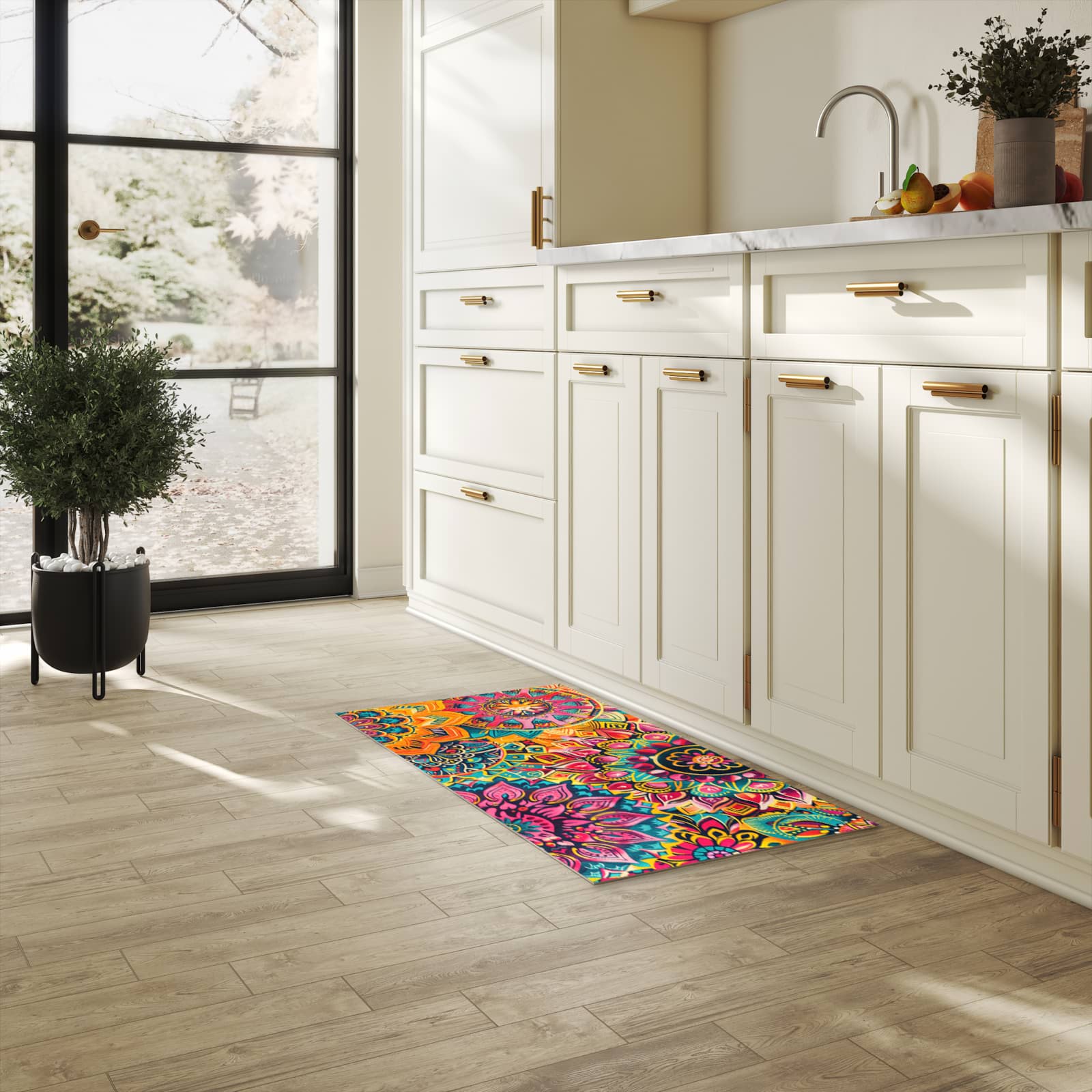 Zeitsparender waschbarer Küchenteppich mit Motiv Mandala Design in heller Küche