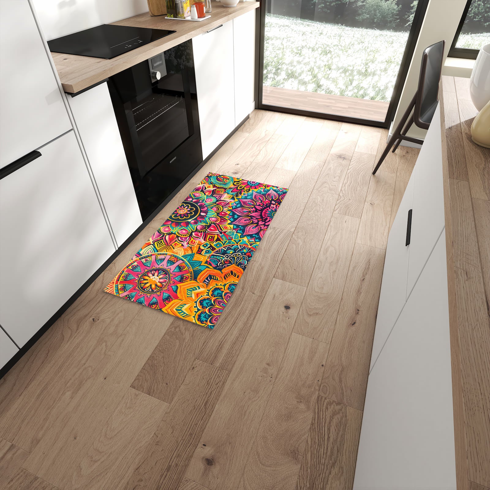 Waschbarer Küchenläufer mit Motiv Mandala Design in moderner Küche
