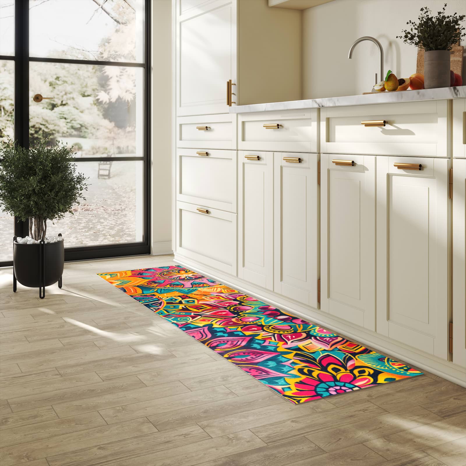 UV-beständiger Teppichläufer mit Motiv Mandala Design in heller Küche