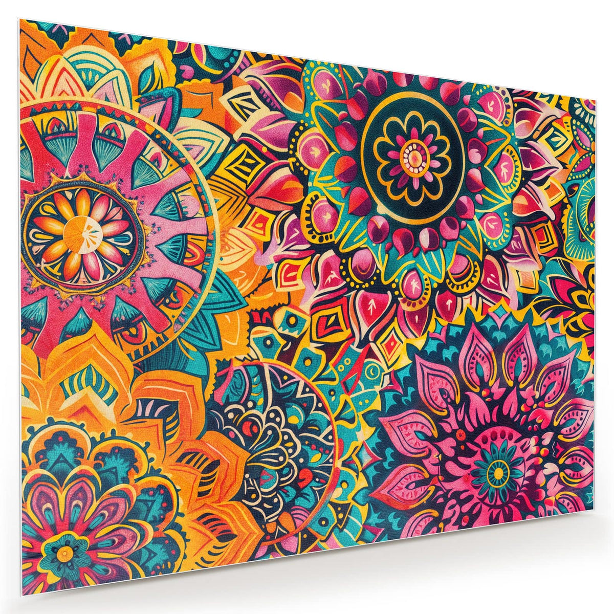 Wandbild aus Glas mit Motiv Bunte Mandalas: Dicht ineinandergeschobene Mandalas in Pink, Orange und Türkis