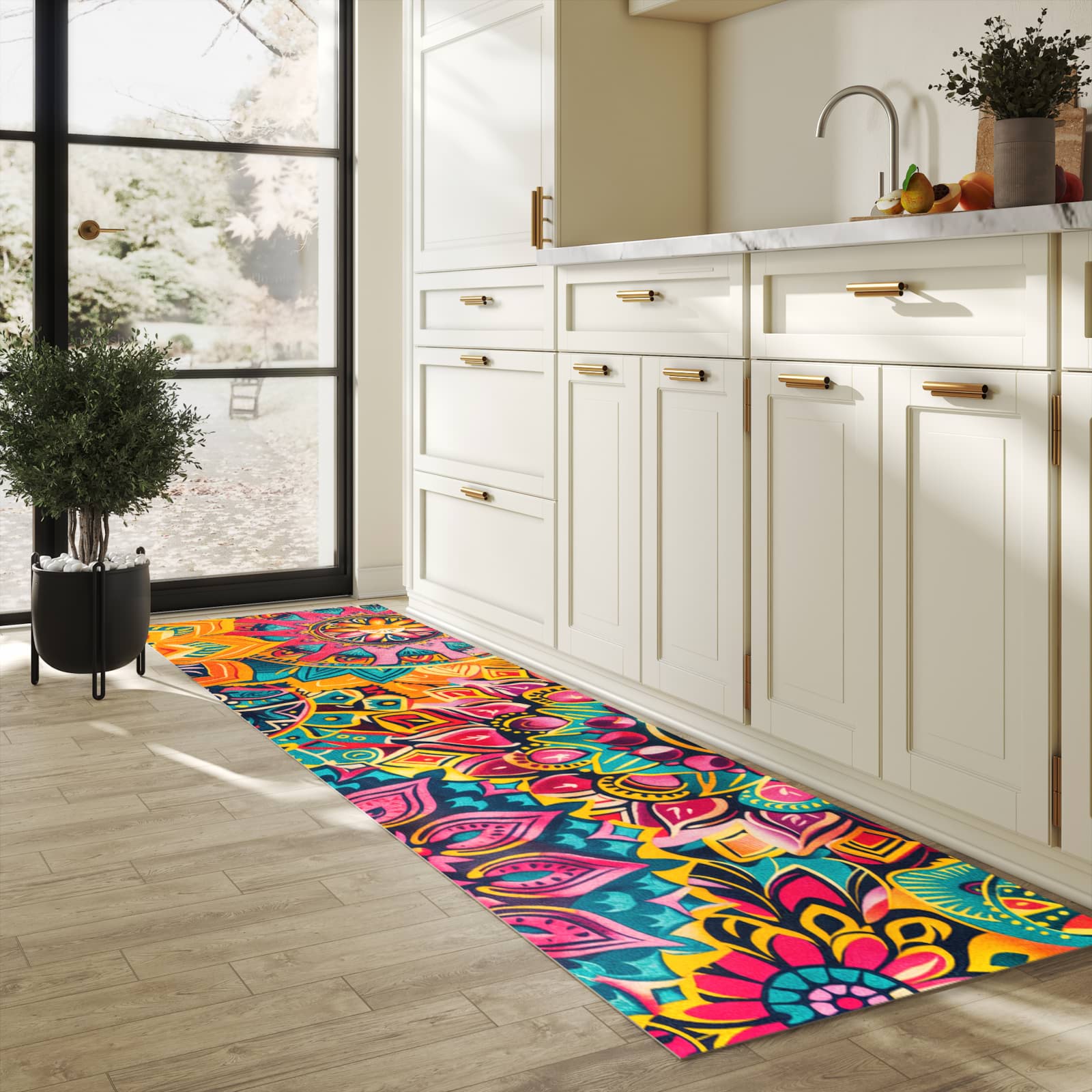 Flacher rutschfester Küchenteppich mit Motiv Mandala Design in heller Küche