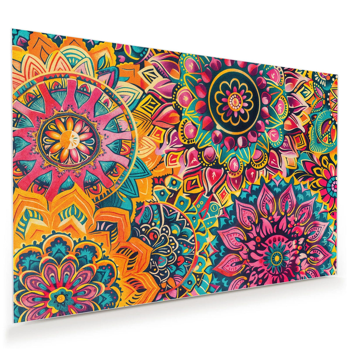 Wandbild aus Glas mit Motiv Bunte Mandalas: Dicht ineinandergeschobene Mandalas in Pink, Orange und Türkis