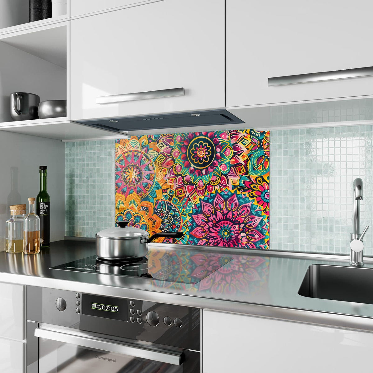 Küchenrückwand aus Glas Bunte Mandalas im Hochformat als Spritzschutz hinter dem Kochfeld, über dem Fliesenspiegel montiert