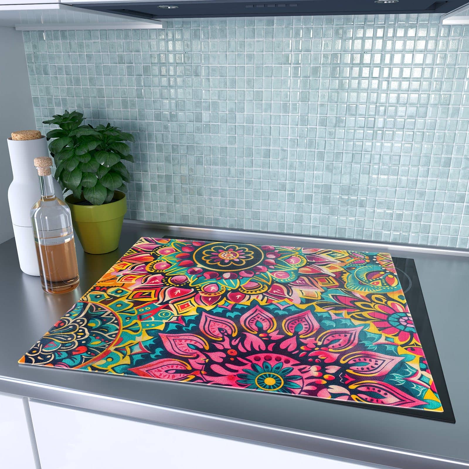 1-teilige Herdabdeckplatte für Induktion mit Mandala Design-Motiv auf dem Ceranfeld