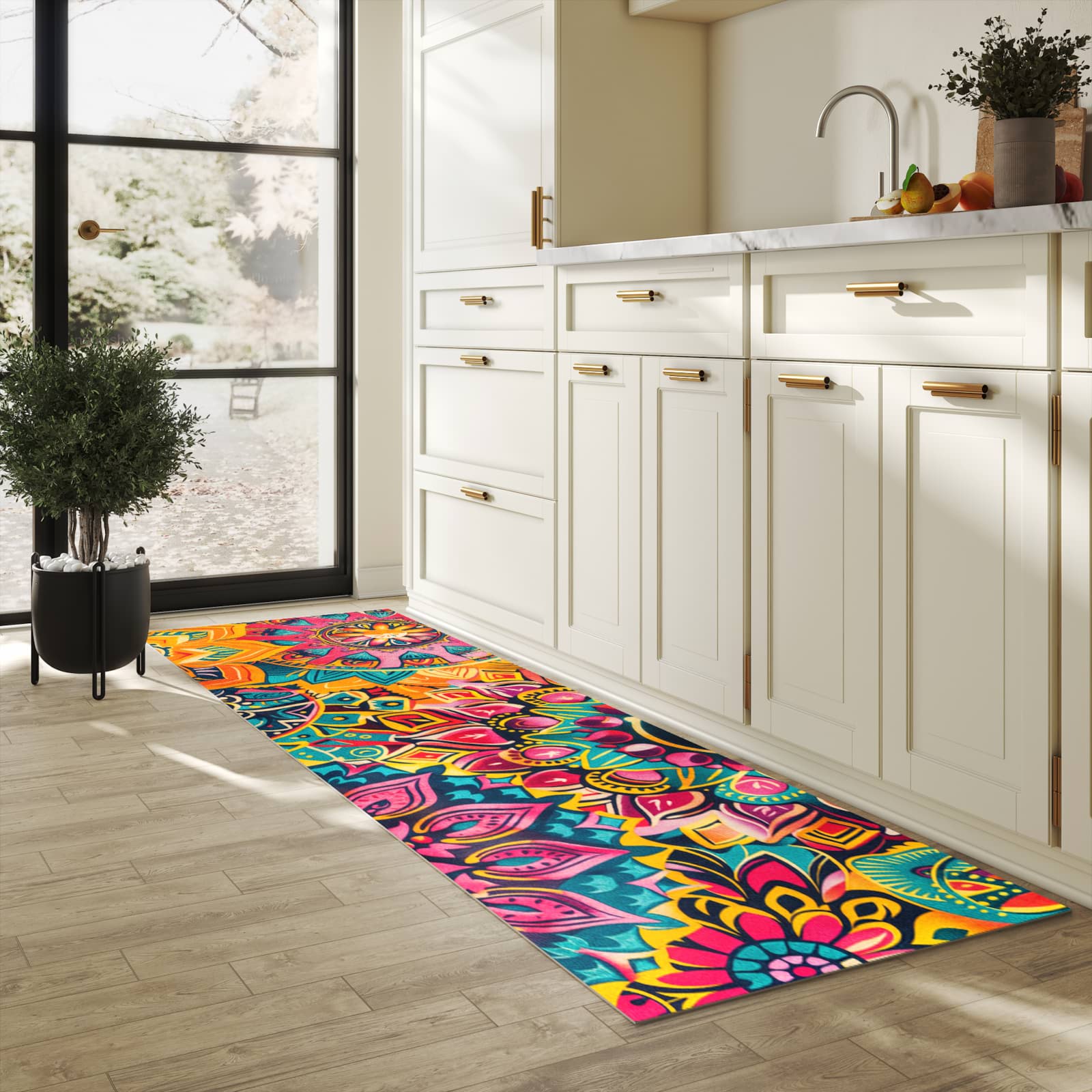 Langlebiger dünner Küchenteppich mit Motiv Mandala Design in heller Küche