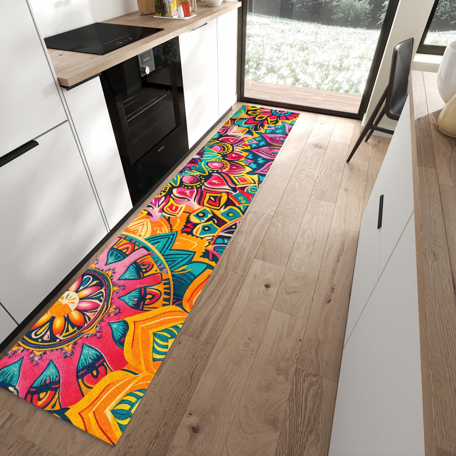 Küchenläufer mit Motiv Mandala Design für Ordnung im Eingangsbereich moderner Küche