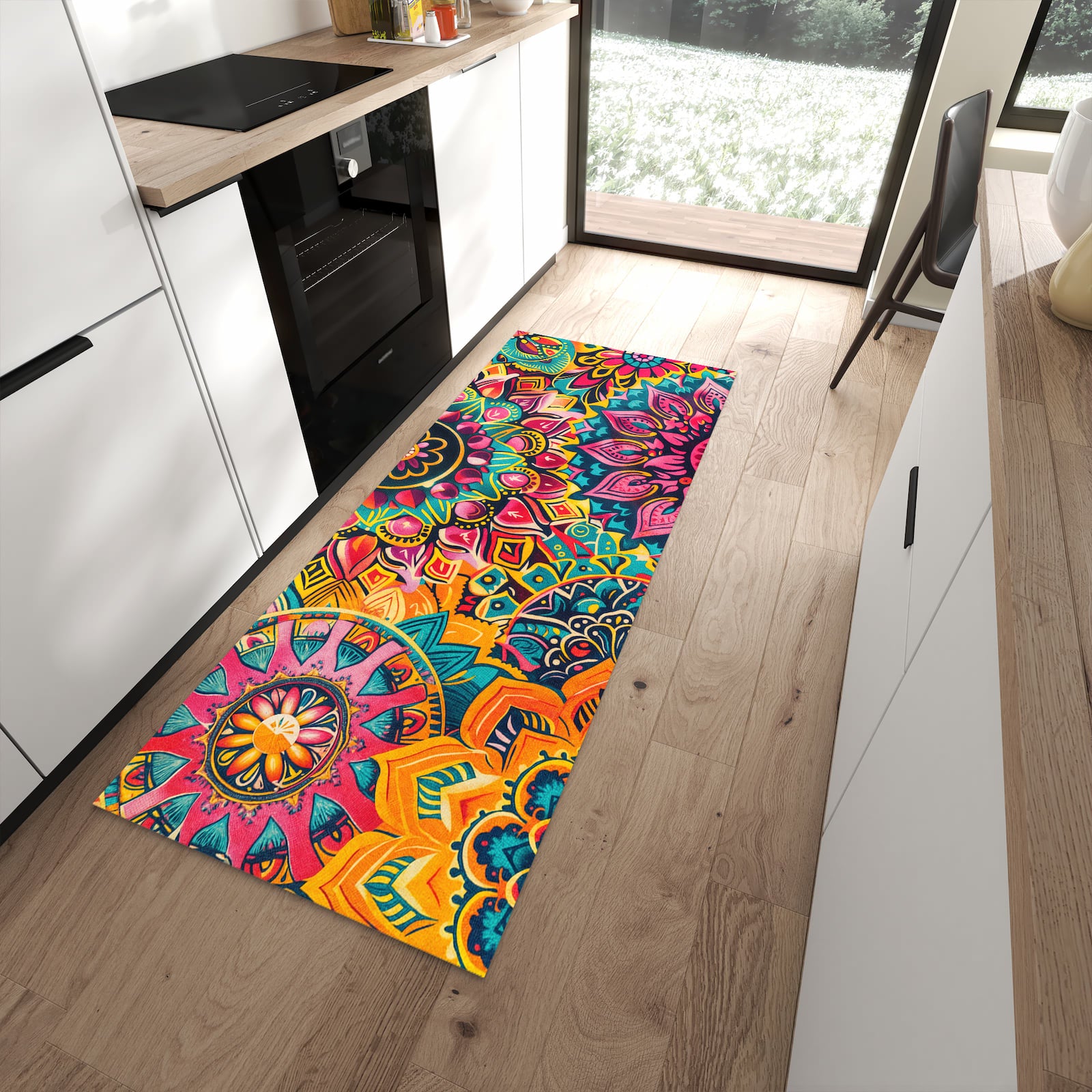 Farbbeständiger dünner Teppich mit Motiv Mandala Design in moderner Küche