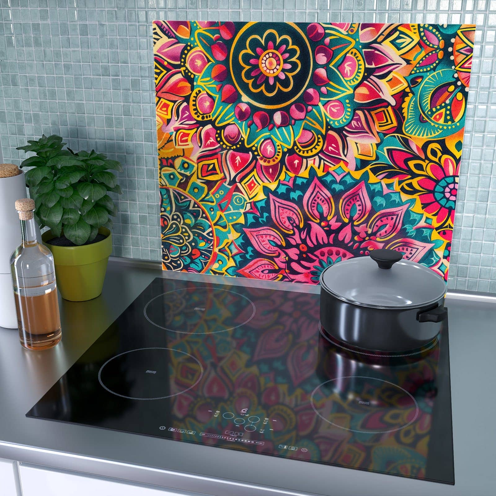 1-teilige Herdabdeckplatte mit Mandala Design-Motiv als Spritzschutz hinter dem Kochfeld