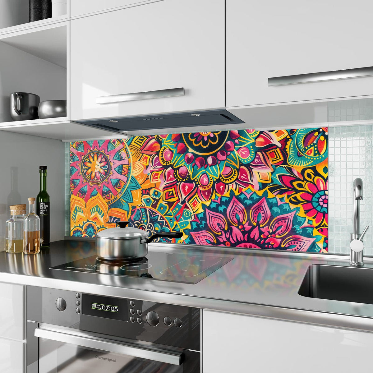 Küchenrückwand aus Glas Bunte Mandalas im Hochformat als Spritzschutz hinter dem Kochfeld, über dem Fliesenspiegel montiert