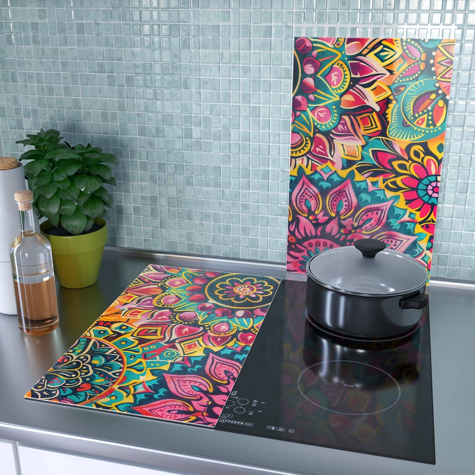 2-teilige Herdabdeckung aus Glas mit Mandala Design-Motiv als Spritzschutz hinter dem Kochfeld