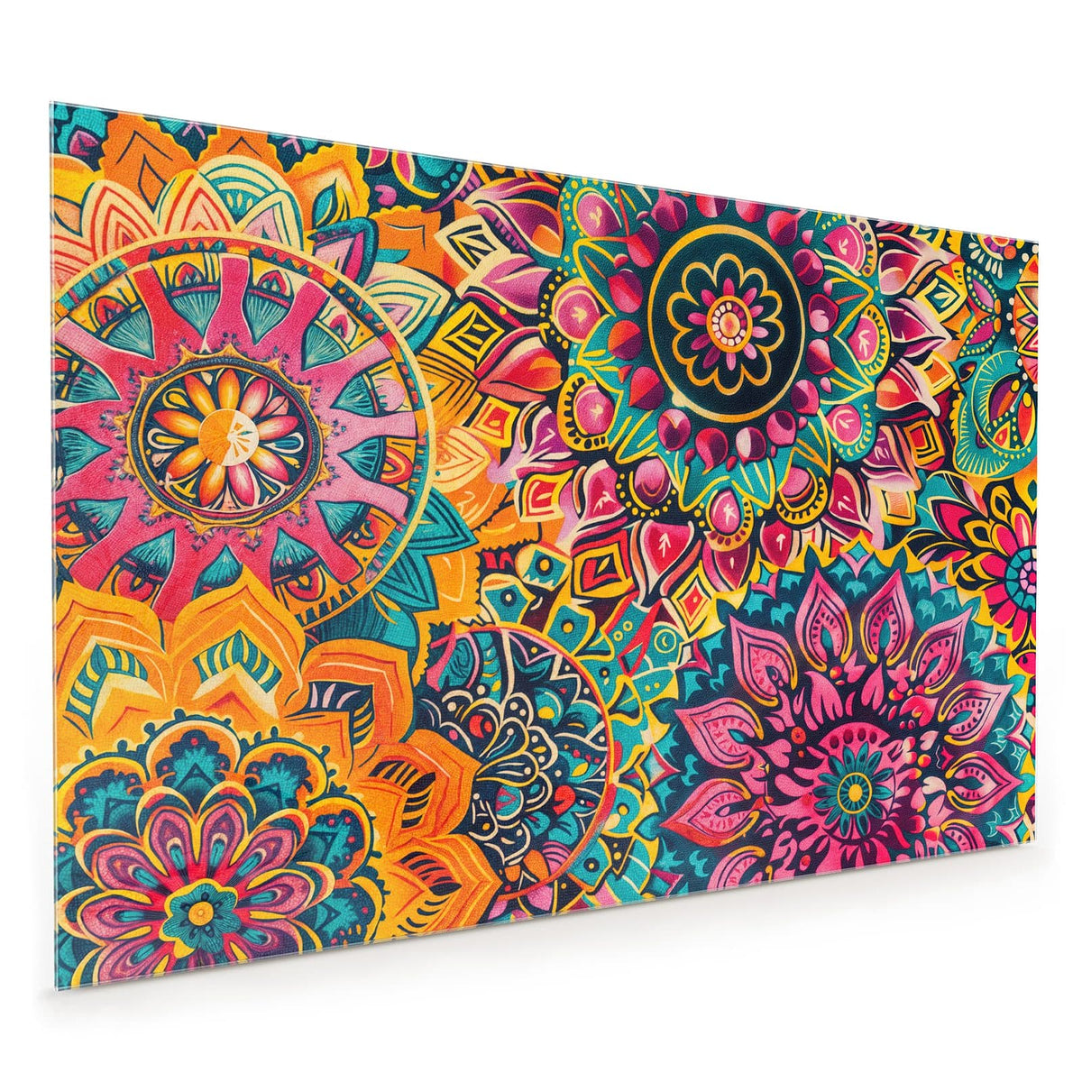 Küchenrückwand aus Glas im Hochformat mit Motiv Bunte Mandalas: Dicht ineinandergeschobene Mandalas in Pink, Orange und Türkis