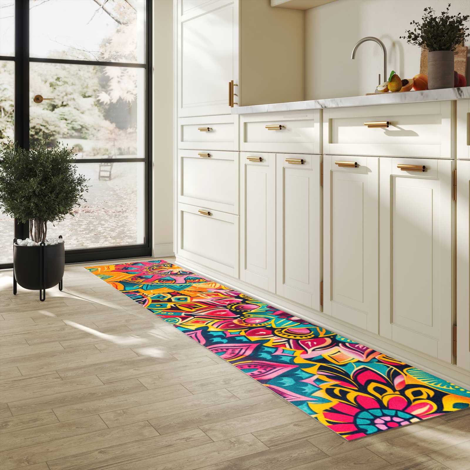 Wasserabweisender Küchenläufer mit Motiv Mandala Design in heller Küche