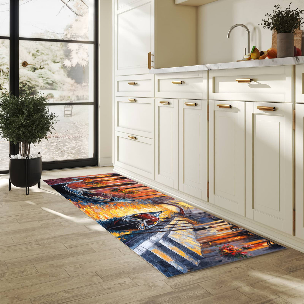 Läufer für die Küche mit Motiv Romantische Stadtansicht in heller Küche für Ordnung