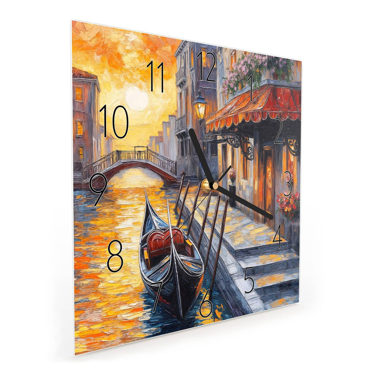Quadratische Wanduhr aus Glas Gondel in Venedig schräg von der Seite, 4 mm starkes Glas