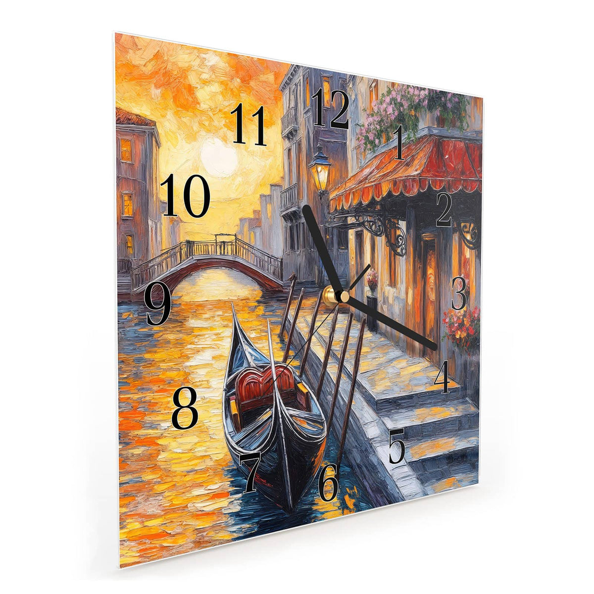 Quadratische Wanduhr aus Glas Gondel in Venedig schräg von der Seite, 4 mm starkes Glas