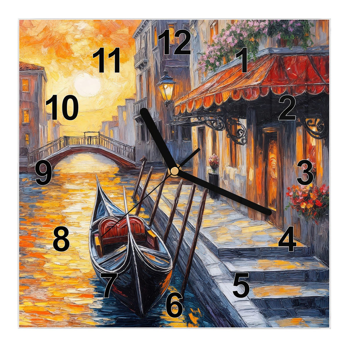 Wanduhr aus Glas, Ziffernblatt Modern mit Motiv Gondel in Venedig: Gemalte Szene: schwarze Gondel am Kanal, roter Markisenvorbau, Bogenbrücke im Sonnenuntergang #ziffernblatt_Modern