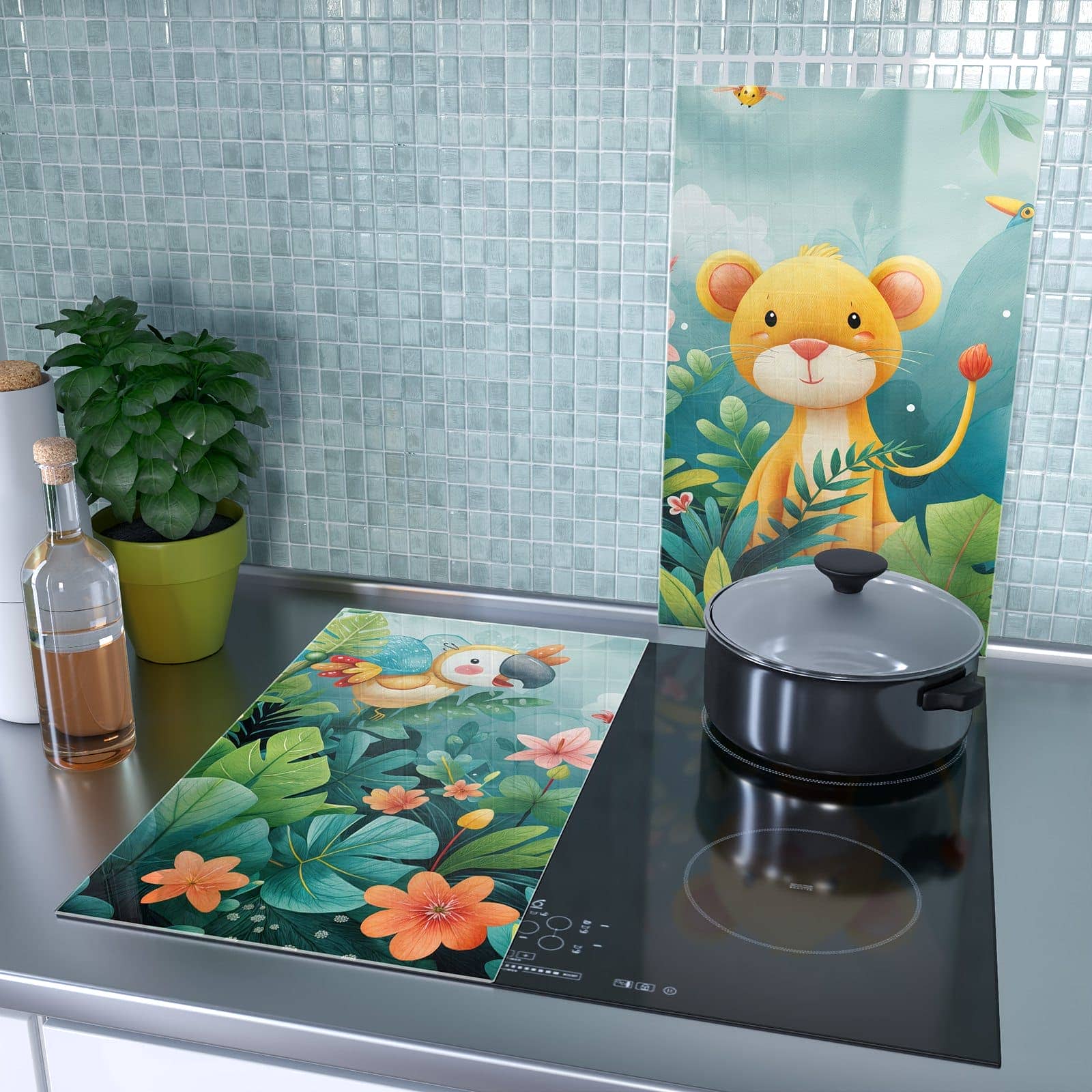 2-teilige Ceranfeldabdeckungen mit Dschungeltiere-Motiv als Spritzschutz hinter dem Kochfeld