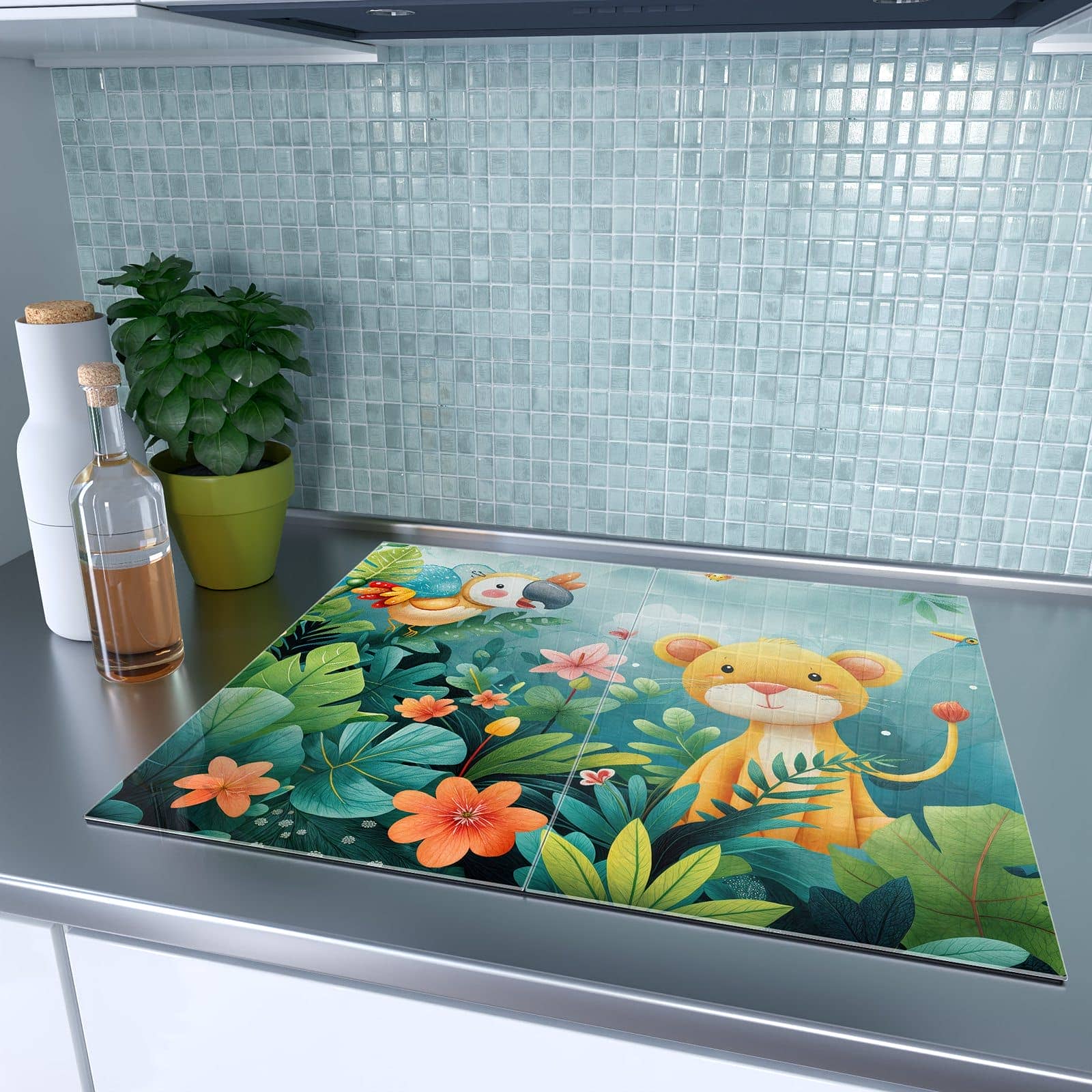 2-teilige Herdabdeckplatten mit Dschungeltiere-Motiv auf dem Ceranfeld