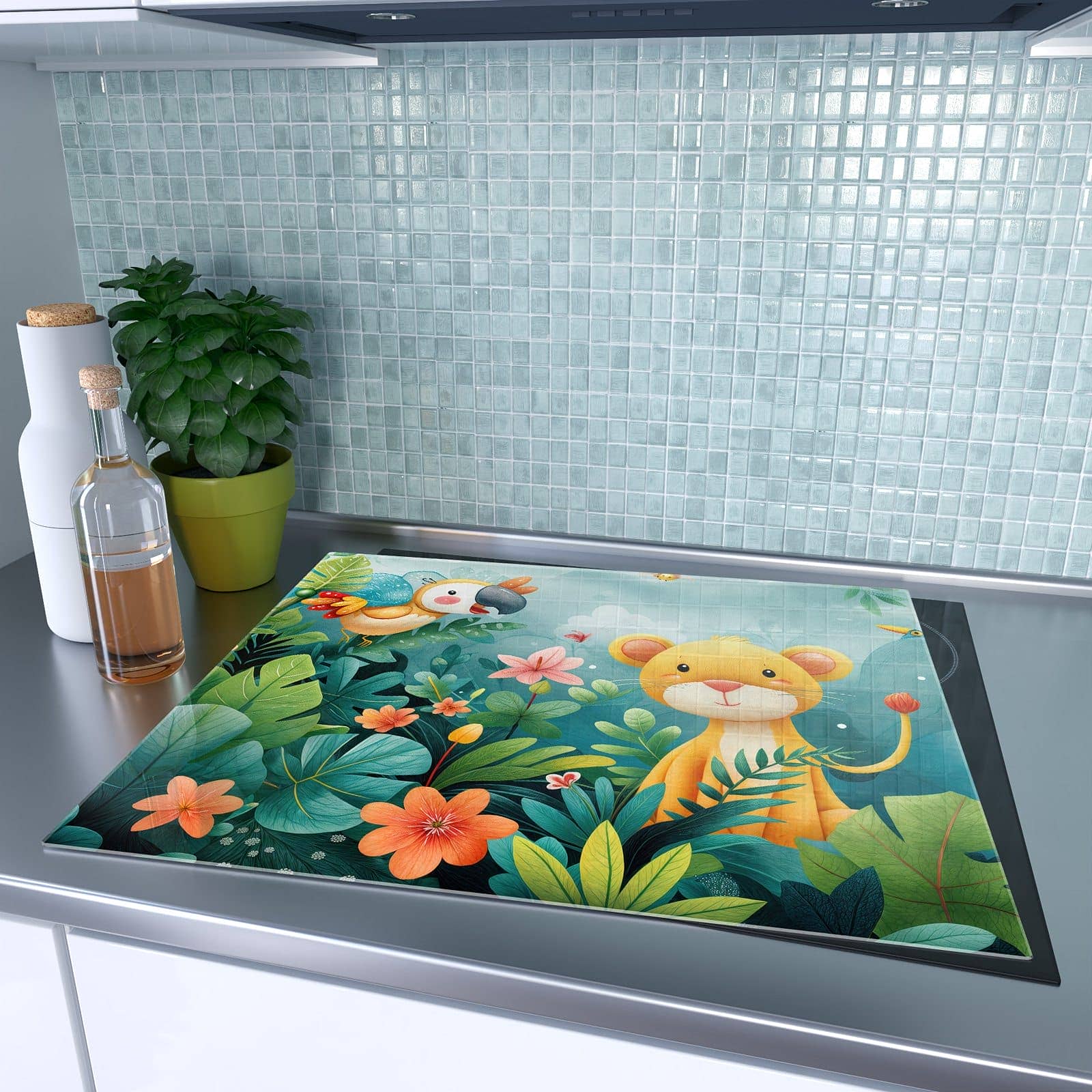 1-teilige Herdabdeckplatten aus Glas mit Dschungeltiere-Motiv auf dem Ceranfeld