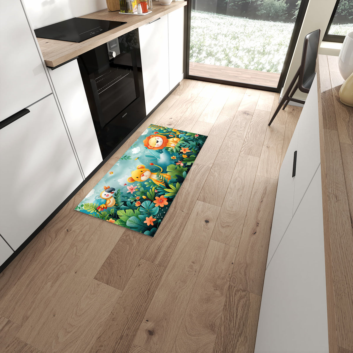 Rutschfester Küchenläufer mit Motiv Dschungeltiere in moderner Küche #grösse_60 x 120 cm