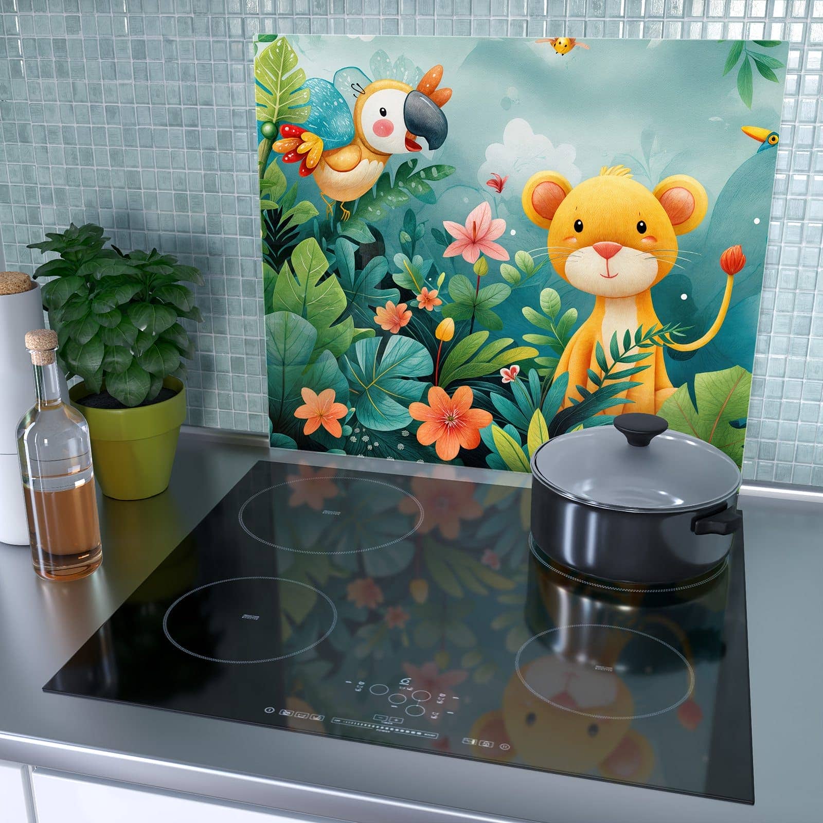 1-teilige Glasplatte für Herd mit Dschungeltiere-Motiv als Spritzschutz hinter dem Kochfeld