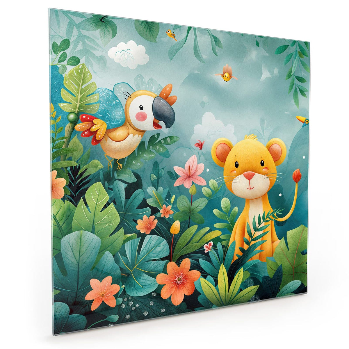 Küchenrückwand aus Glas im quadratischen Format: Kindliche Illustration: Löwenjunges und Papagei zwischen Blättern und Blüten im Dschungel #grösse_40 x 40 cm #grösse_50 x 50 cm #grösse_60 x 60 cm