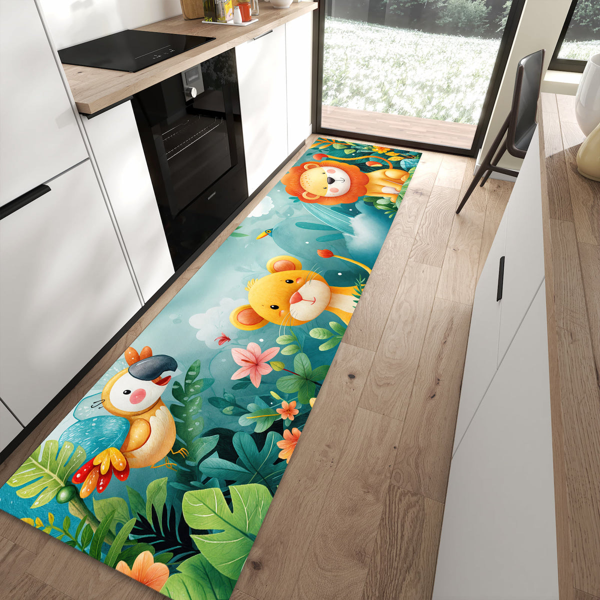 Abriebfester Küchenteppich mit Motiv Dschungeltiere in moderner Küche