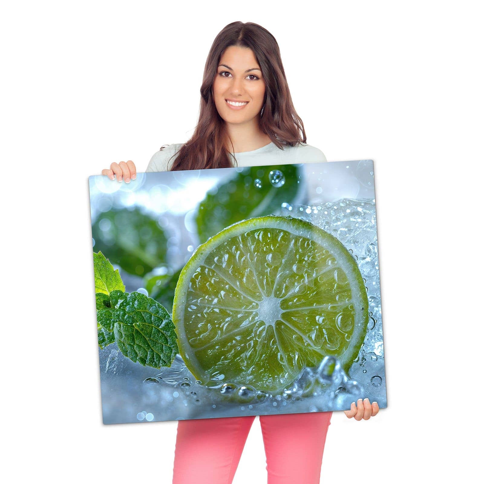 Abdeckplatten für den Herd mit Erfrischende Limette-Motiv wird zur Größendarstellung gehalten
