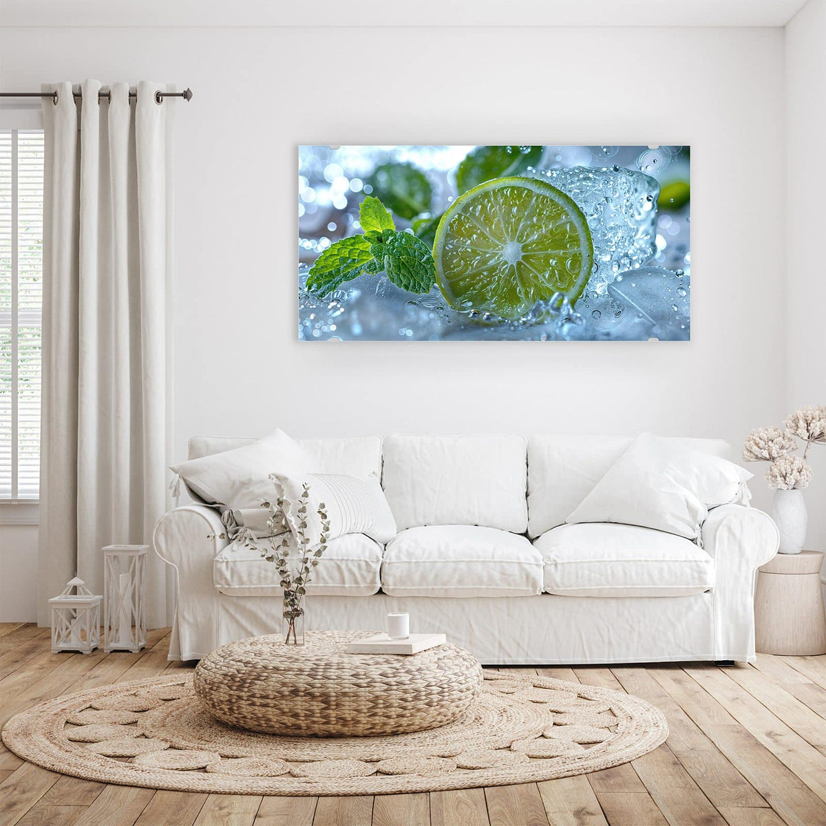 Wandbild - Limettenscheibe im Eis - Querformat – Grüne Limette mit Eiskristallen