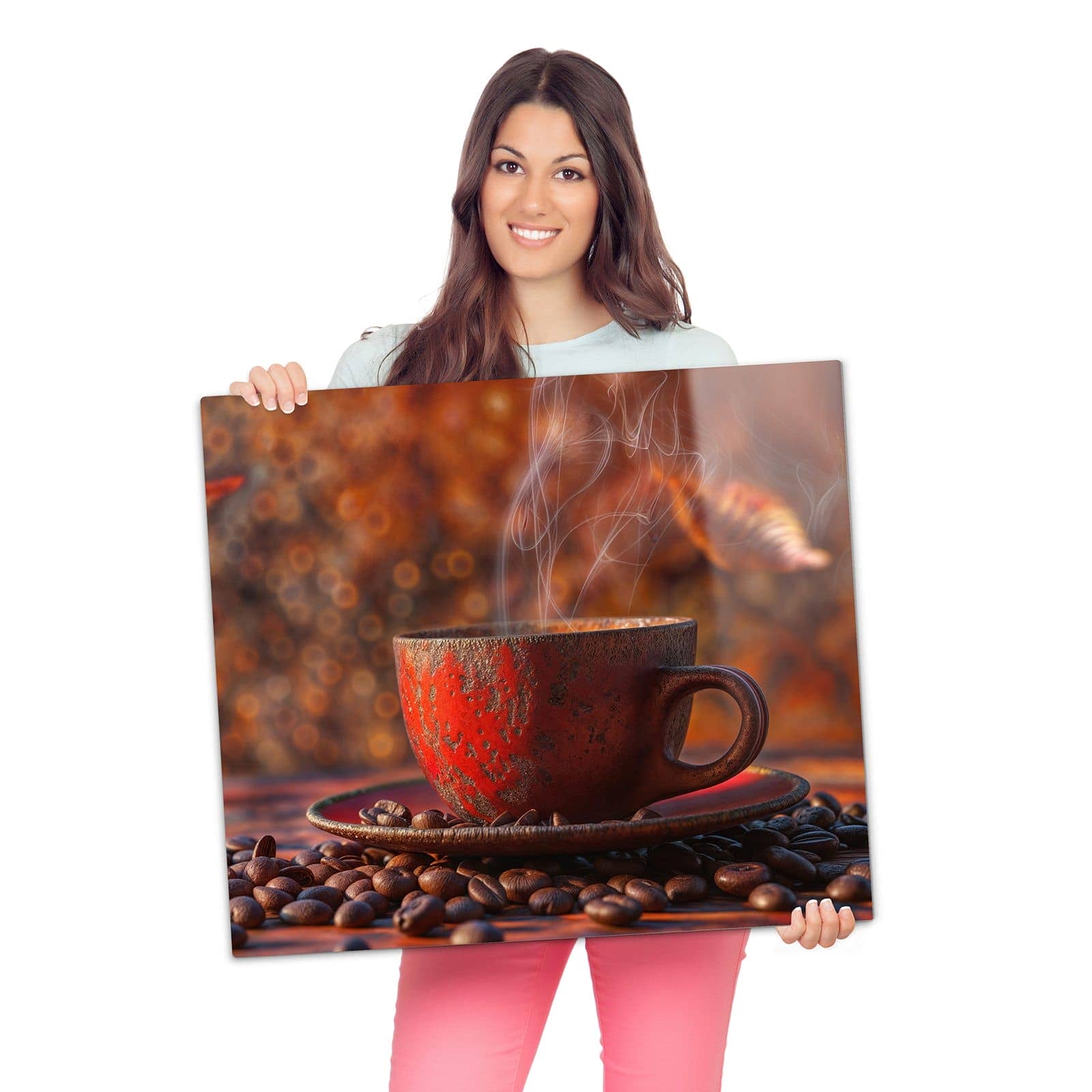 Herdabdeckplatten aus Glas mit Kaffeetasse im Herbst-Motiv wird zur Größendarstellung gehalten