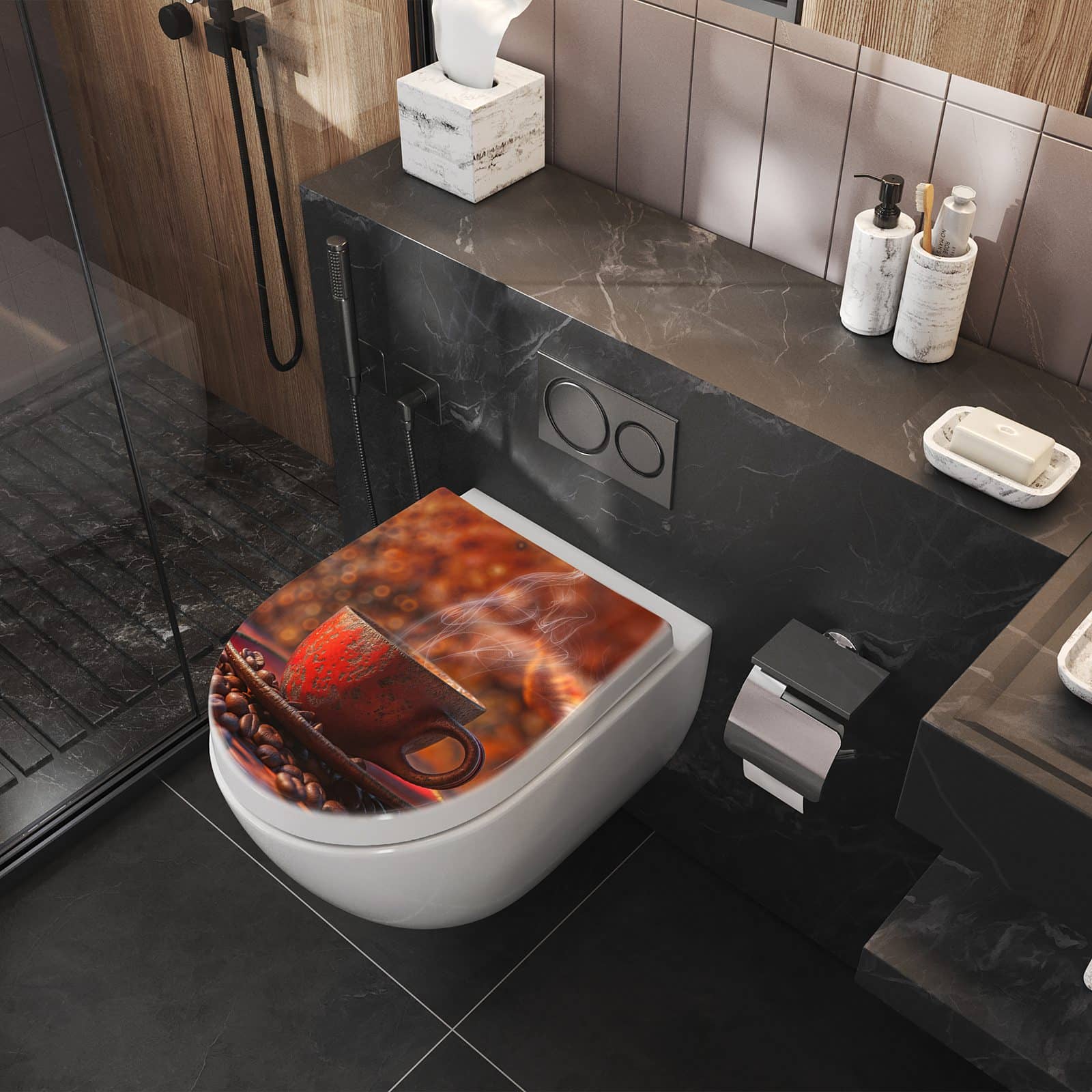 WC-Sitz mit Absenkautomatik Kaffeetasse im Herbst