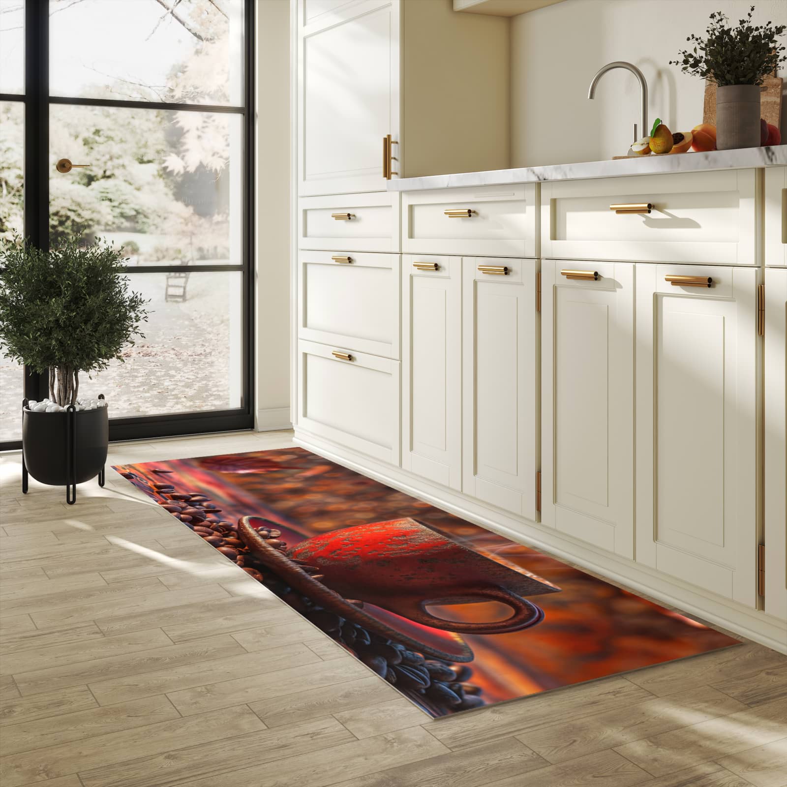 Komfortabler rutschfester Küchenteppich mit Motiv Kaffeetasse im Herbst in heller Küche