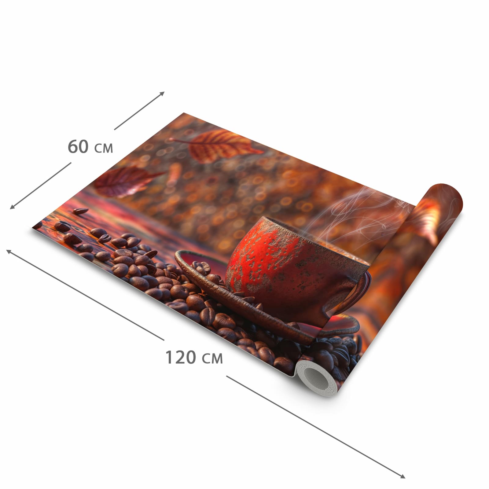 Feuchtigkeitsresistenter Küchenteppich mit Motiv Kaffeetasse im Herbst in der Grösse 60x90 cm