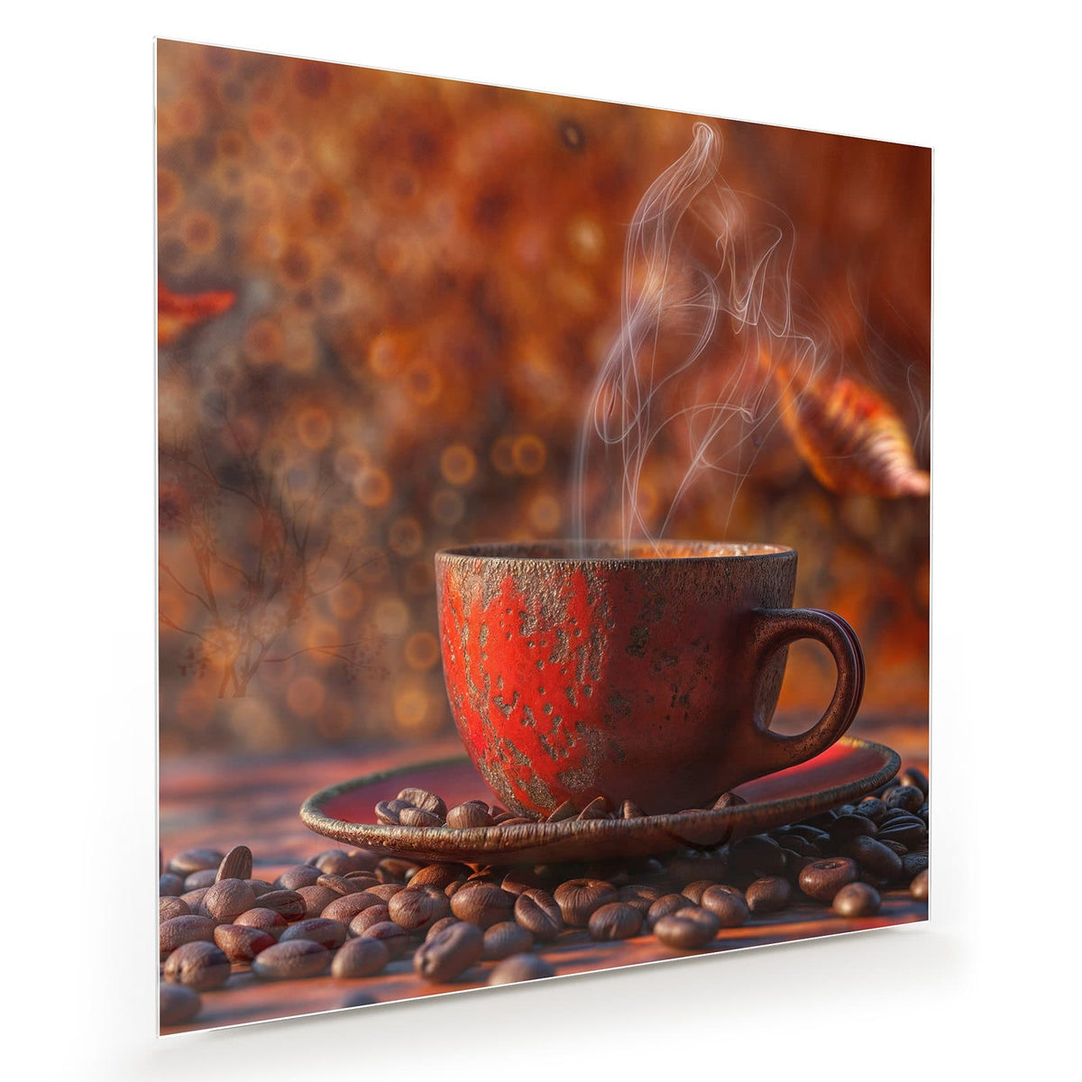 Dampfende rote Tasse auf Kaffeebohnen vor warmem orangem Bokeh mit unscharfem Herbstblatt