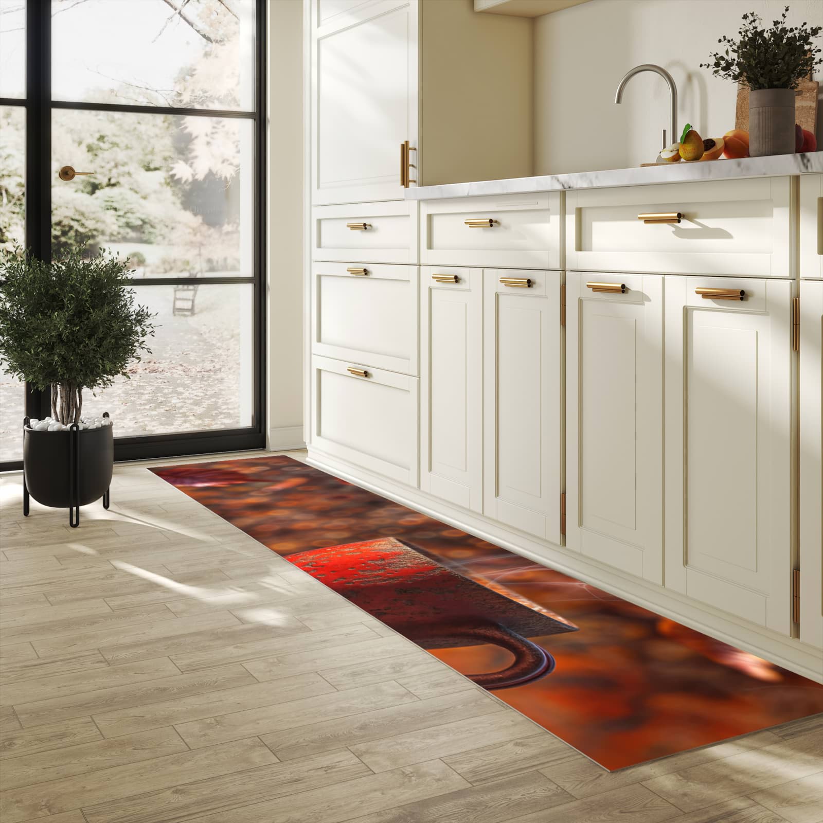 Langlebiger Läufer mit Motiv Kaffeetasse im Herbst für Eingangsbereich in heller Küche
