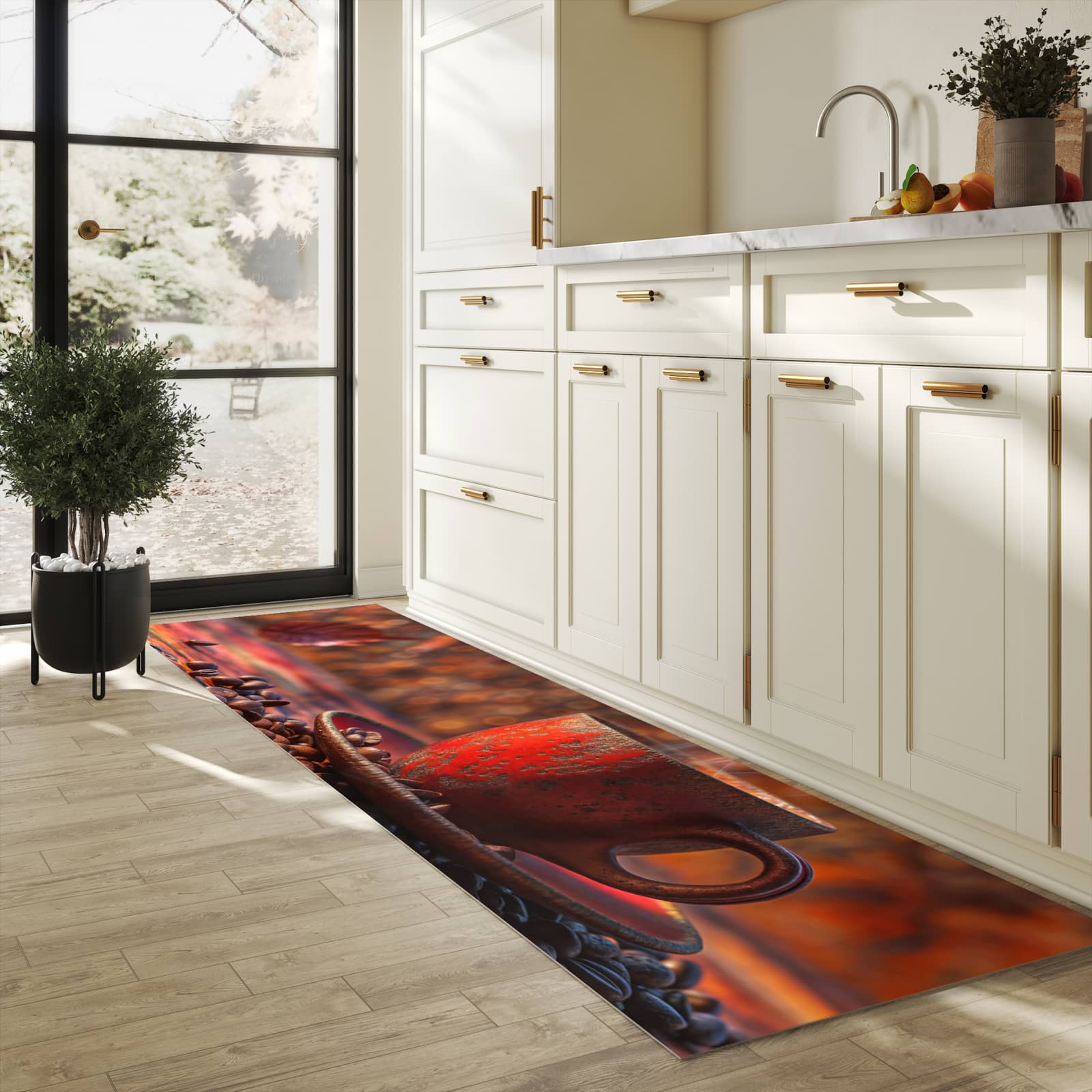 Waschbarer Teppich fürs Esszimmer mit Motiv Kaffeetasse im Herbst in heller Küche